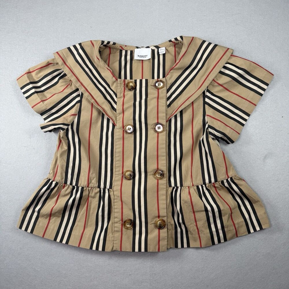 Burberry Girls Icon Stripe Sailor a Peplum Top Size 14 Cotton Short Sleeve Flaw